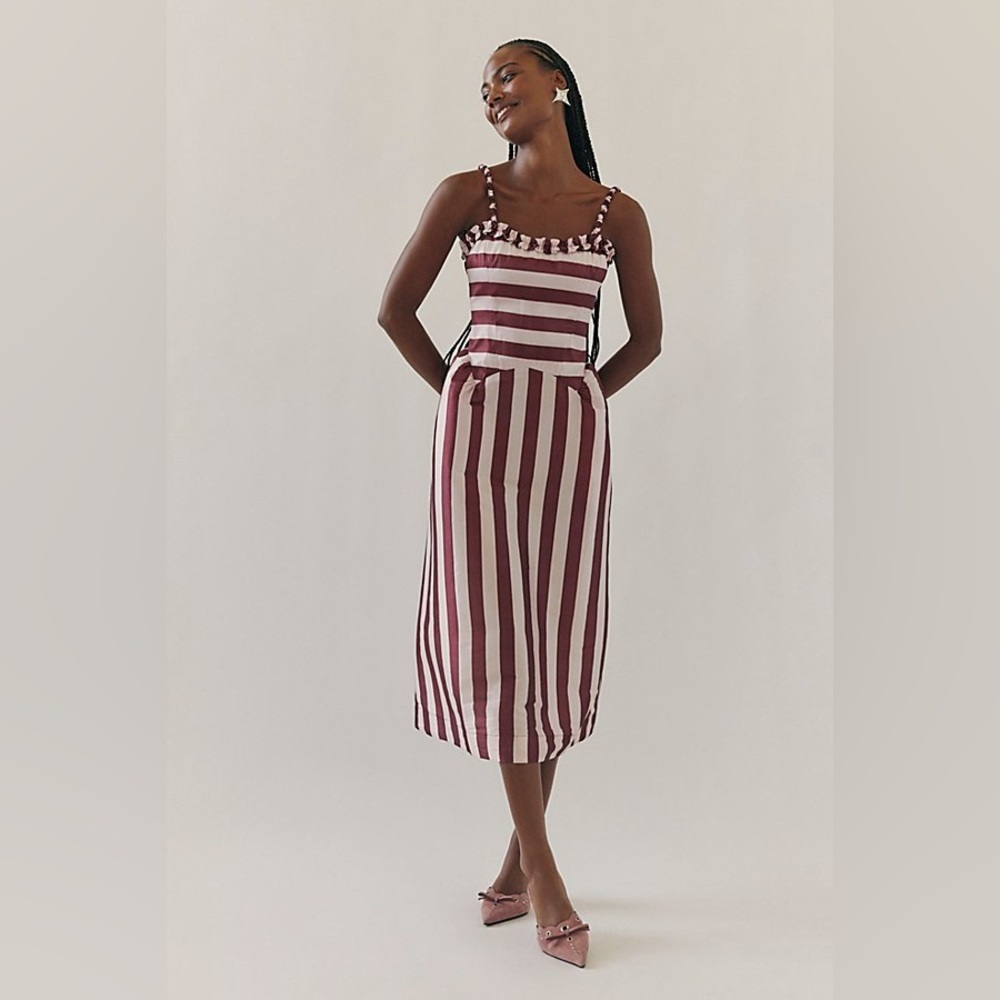 Damson Madder Rachel Ruffle Midi Dress Pink/Burgundy Stripe Size 12 NWT US 8